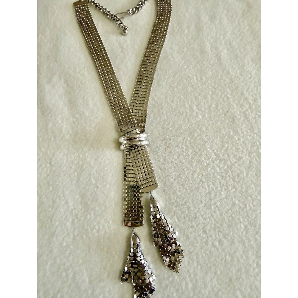 Gold Mesh Lariat Style Necklace with Tassels